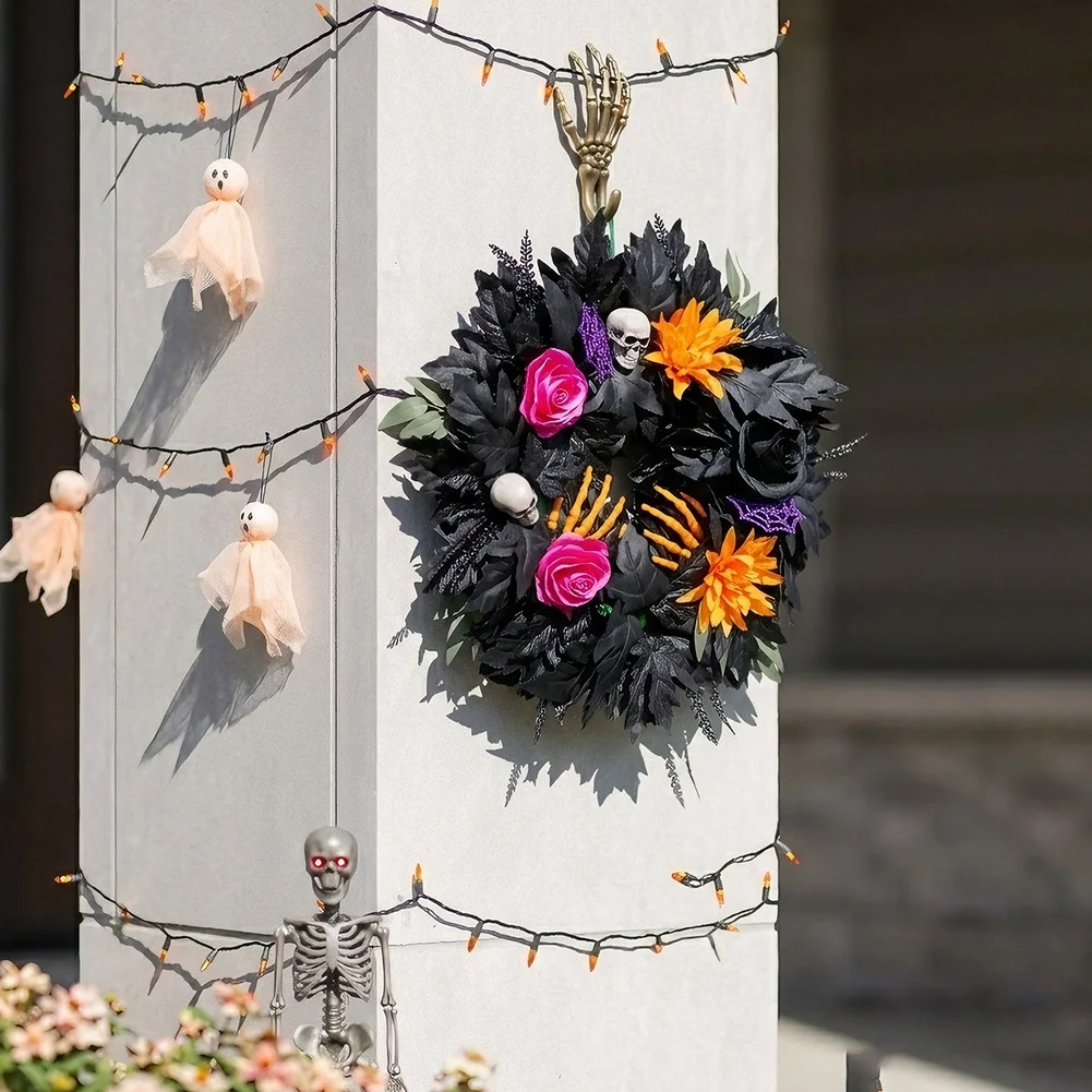 Halloween Wreath for Porch Door 20 inch with Skull Black Maple Leaves Pink Orange Roses For Festive Theme Decor
