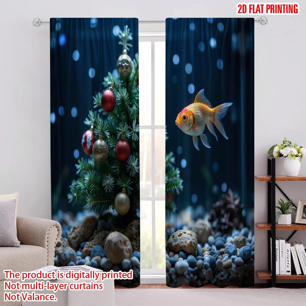 

2pcs 2D flat printing Merry Christmas Curtain With colorful fish and holiday tree patterns Versatile Fabric Without Electricity