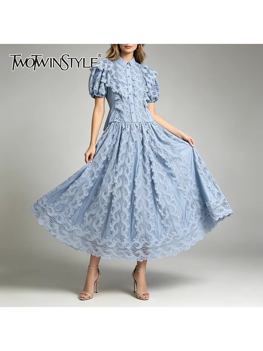 

TWOTWINSTYLE Patchwork Lace Two Piece Sets for Women O Neck Puff Sleeve Top High Waist A Line Skirt Solid Set Female Fashion New