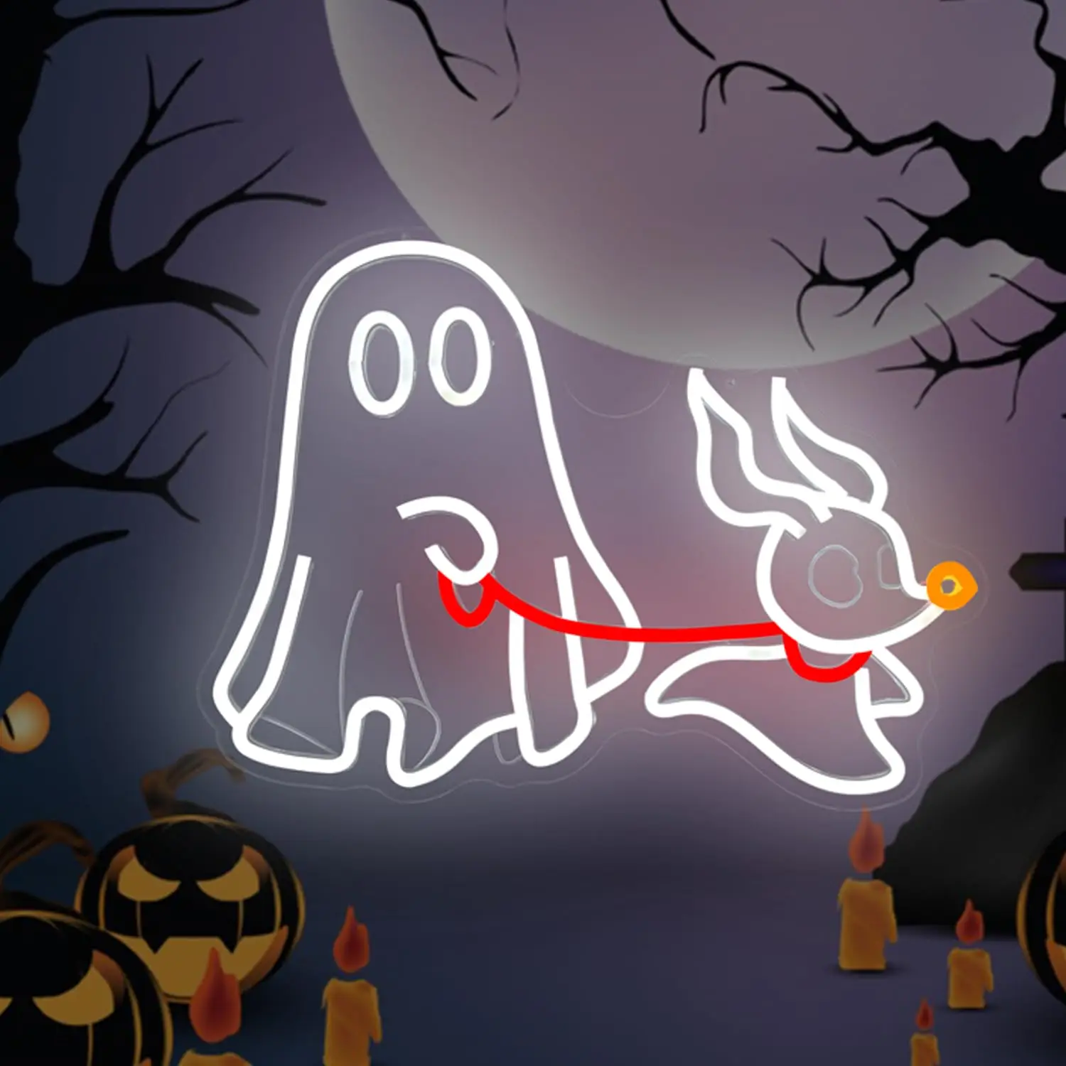 Letrero de neón de perro fantasma, luz de pared LED de Halloween con USB regulable, decoración espeluznante para mascotas para dormitorio, decoración de fiesta de Halloween de cueva de hombre