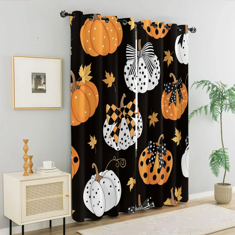 Halloween Pumpkin Bow Print Curtains Thermal Insulated Window Drapes Set for Bedroom Living Room Home Decor Light Blocking