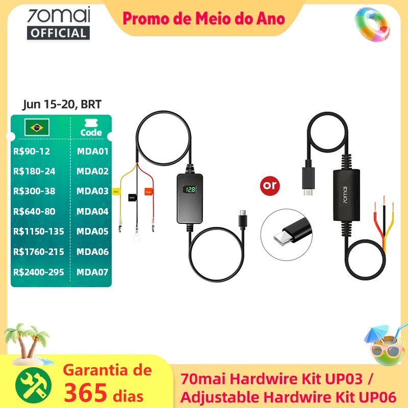 Kit de Fiação Dedicada Ajustável 70mai UP06, Kit de Fiação Dedicada 70mai UP03, Interface Tipo-C, Vigilância de Estacionamento 24H 70mai UP03 70mai UP06