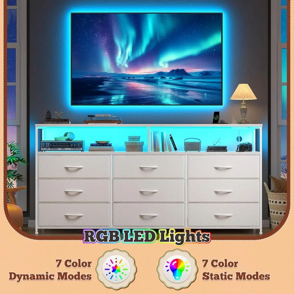 Cômoda ou Conjunto de Quarto Branco de 55'' com 9 Gavetas, Suporte para TV LED para TVs de 45-65 Polegadas, Cômoda Robusta com 2 Prateleiras Extras