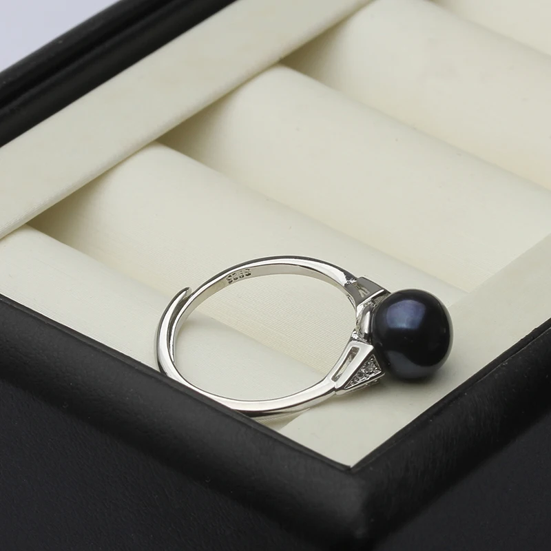 Freshwater Pearl Rings For Women,Cubic Zircon 925 Silver Open Pearl Ring Adjustable Mom Wife Birthday Gift Black