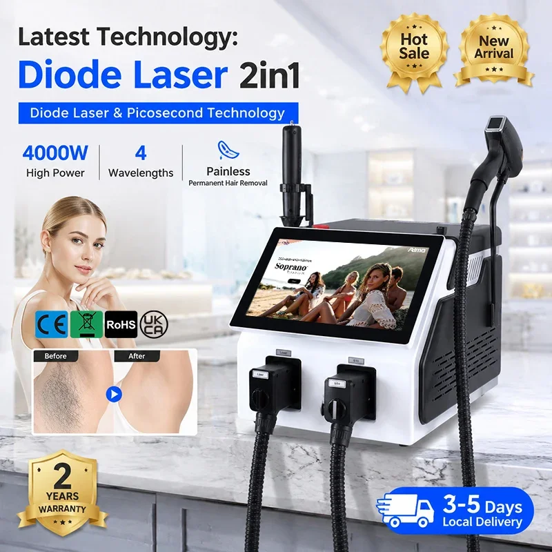 Latest Model 2IN1 5000w 808nm Diode 4 Waves Laser ND:YAG Pico Switch Machine Painless Hair Removal Machine Skin Care LCD Handle