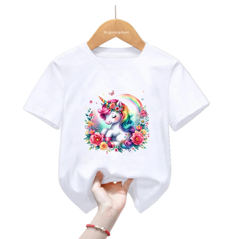 Regenbogen Einhorn Aquarell gedruckt T-Shirt Mädchen Blumen Schmetterling Kinder Kleidung Harajuku Kawaii Sommer Mode T-Shirt