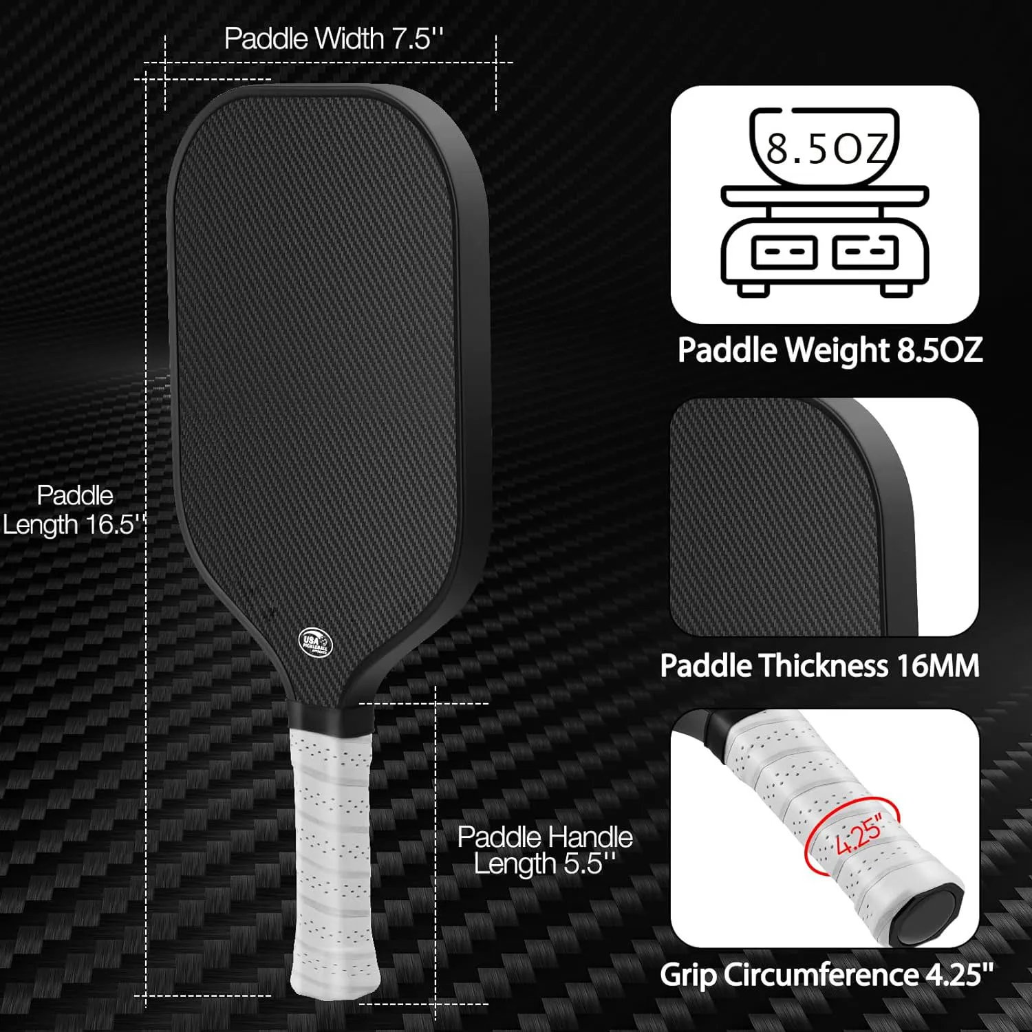 Pickleball Paddle USA approvato 3K Raw Carbon Fiber Surface (CFS) High Grit Spin 16MM Core ideale per giocatori professionisti principianti