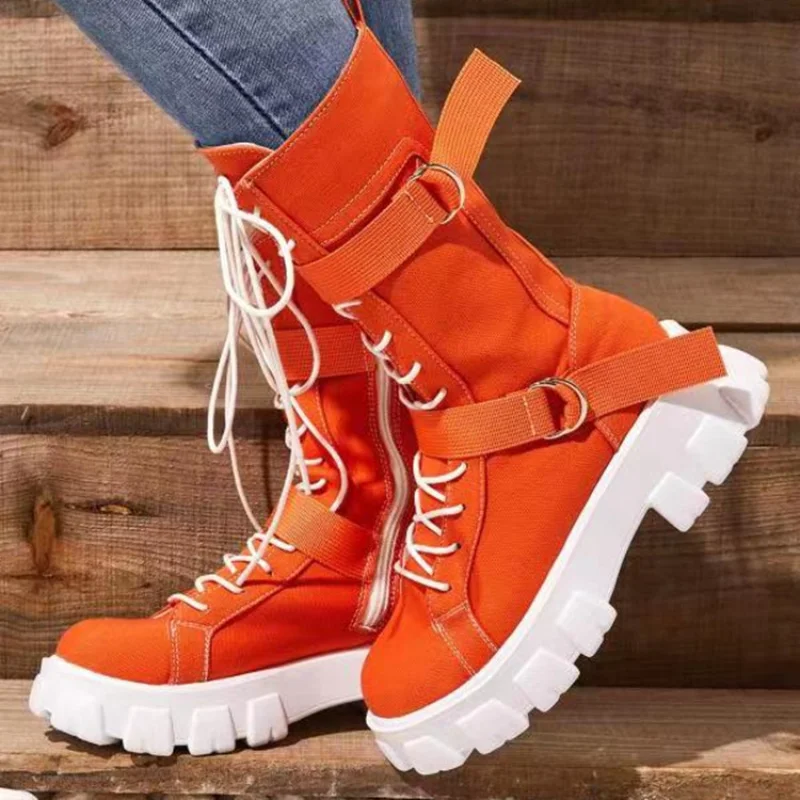 

British style Mid-Calf boots women Nice new canvas high-top solid color thick-soled casual round head lace-up motorcycle boots