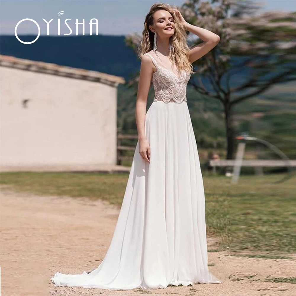 OYISHA abiti da sposa senza schienale in Chiffon semplice 2023 Top in pizzo Appliques senza maniche Sexy A Line Boho abiti da sposa Robe De Mariee