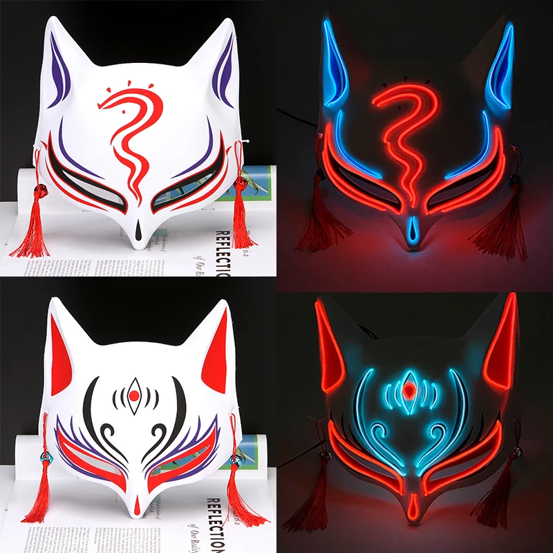 Glowing Hand Drawn Fox Mask Luminescent Japanese Kabuki Fox Mask Cosplay Masquerade Disguise Props LED Fox Mask For Sexy Ladys