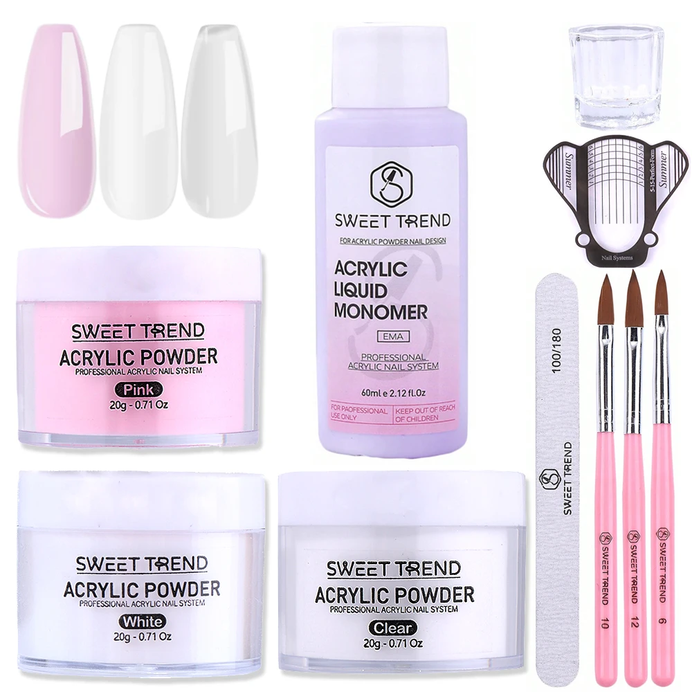 

60ml Crystal Liquid With 60g Acrylic Powder Set Pink White Transparent Carving Crystal Polymer Acrylic Powder Extension Manicure