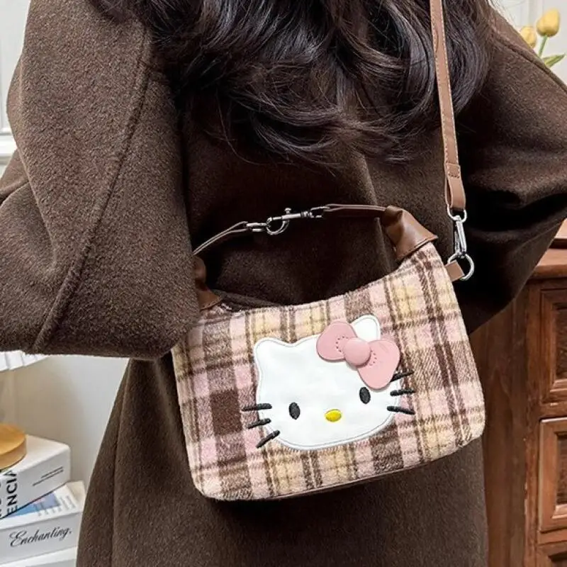 

Cute Kitty Bag New Retro Plaid Handbag Outing Handbag Tote Bag versatile wool crossbody pouch Kawaii Vintage Style Shoulder Bag