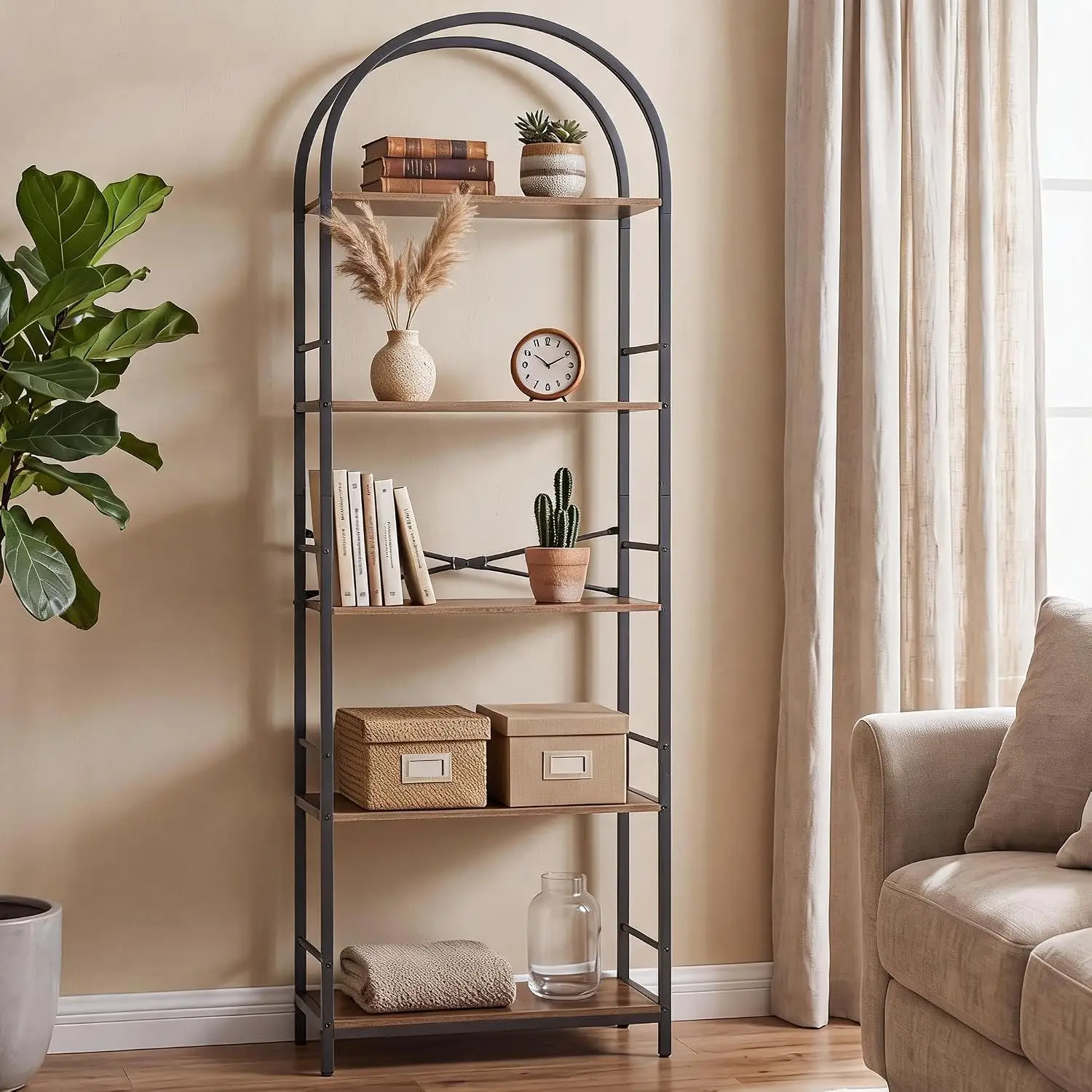 5 Tire Shelves, 69''H, Book Case, Utility Home Storage Shelves 150 LBS Loading Capacity, Heavy-Duty and Durable, Anti-Drop Design for Books, Adjustable Feet, Versatile for Home and Office