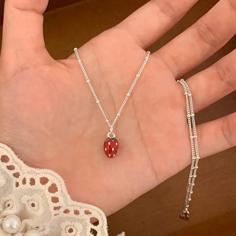 ENSHIR Strawberry Pendant Beads Chain Necklace For Women Clavicle chain Sweet Elegant Fashion Summer Jewelry Gifts Wholesale