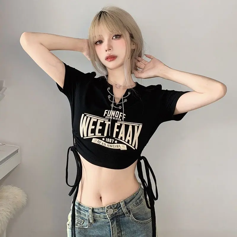 

T-Shirt Chain V Neck Drawstring Slim Waist Letter Print Chic Fashion Women Summer Vintage Streetwear Y2k Crop Top Mujer