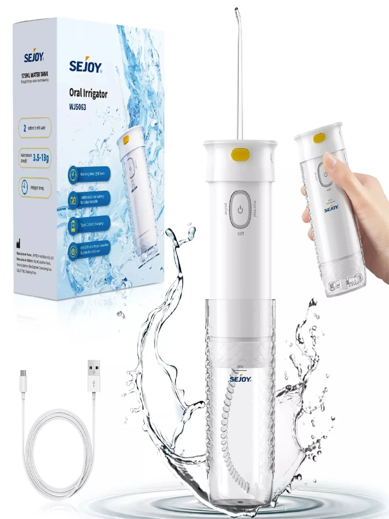 Sejoy Oral Irrigator  Cordless Rechargeable Electric Portable Dental Water Flosser Travel for Teeth Braces Care with 2 Jet Tips