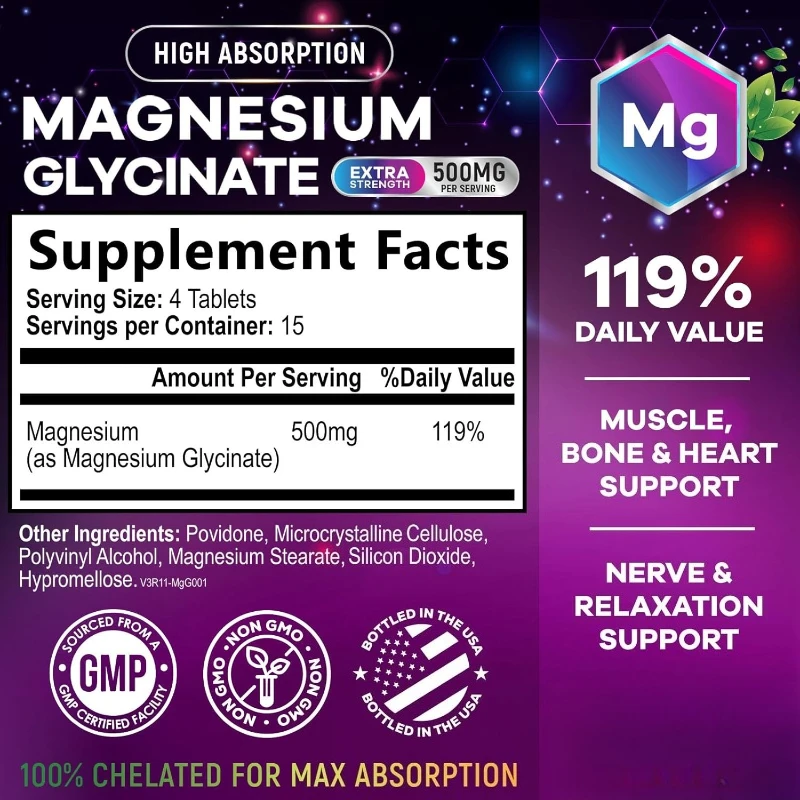 Magnesium Glycinate Supplement, Promotes Natural Sleep, Reduces Stress and Anxiety, Magnesium Vitamin Supports Bone Health