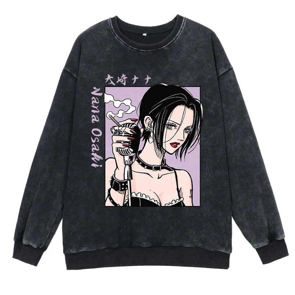 Anime Nana Osaki Round Neck Washed Pullover Casual 100% Cotton Men Women Hip Hop Harajuku Streetwear Vintage Sweatshirt