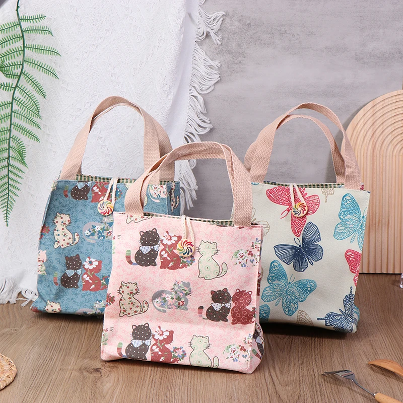 Canvas Bags Handbag For Women Shopper Tote Bag Japanese Style Cartoon Cute Cats Butterfly Small Eco-Friendly Tote Bag