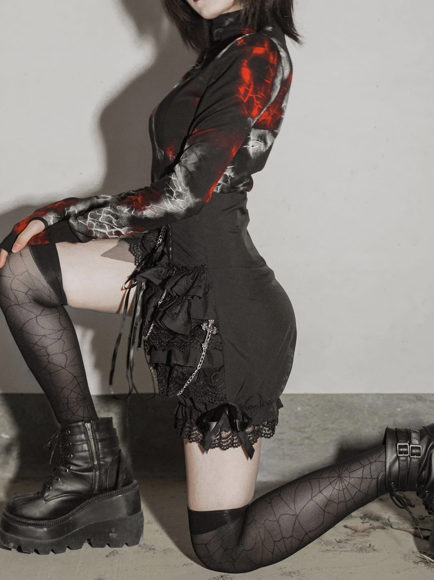 Gothic Red Black Spider Net shirt Women Long Sleeve Turtleneck Punk Dark Black Bottoming Shirt Hoodies Hot Girls Pullover Tops