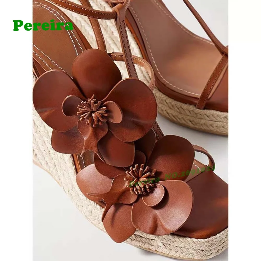 Woven Sandals Platform Wedges Flower Decor T-Strap Slingback Women's Sandals Buckled Patchwork Runway Shoes Brown Cut Out Shoes
