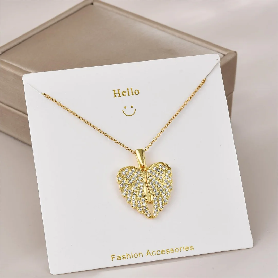 Stylish Copper Micro-inlaid Zircon Heart Angel Wing Necklace with Feather Wings