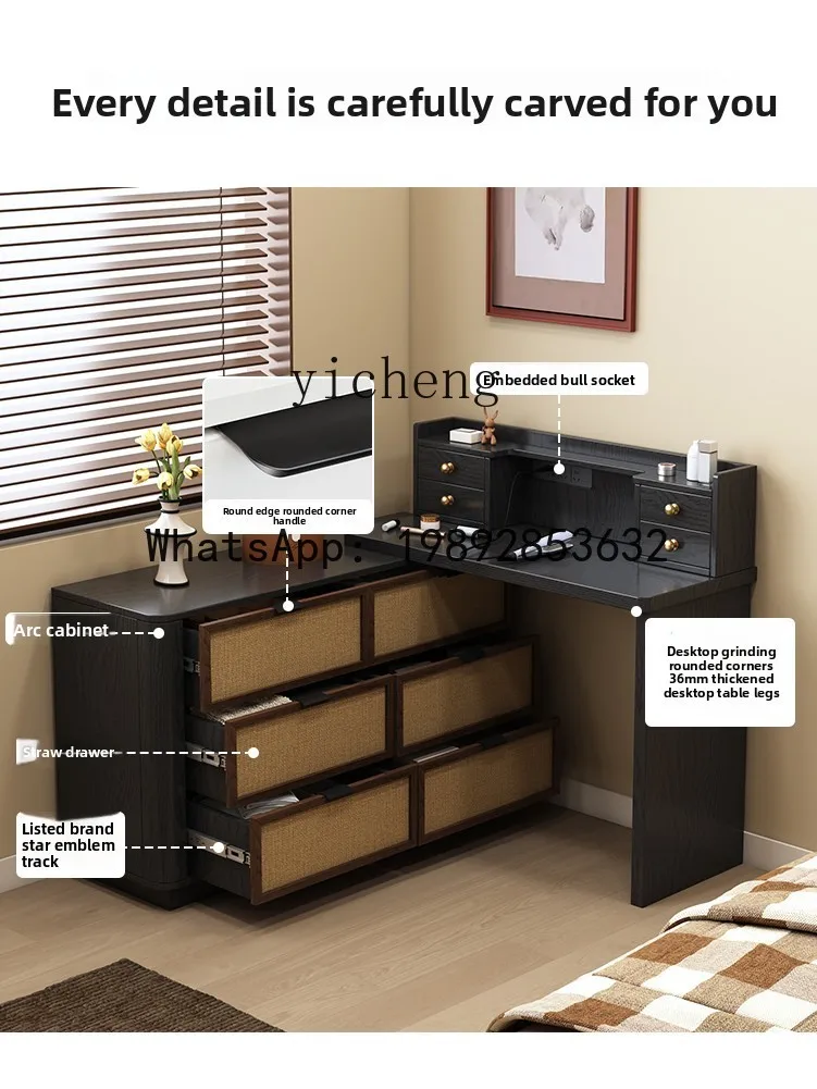 Solid Wood Makeup Table Bedroom Extendable Dressing Table Chest of Drawers Vintage Small Apartment Storage Cabinet