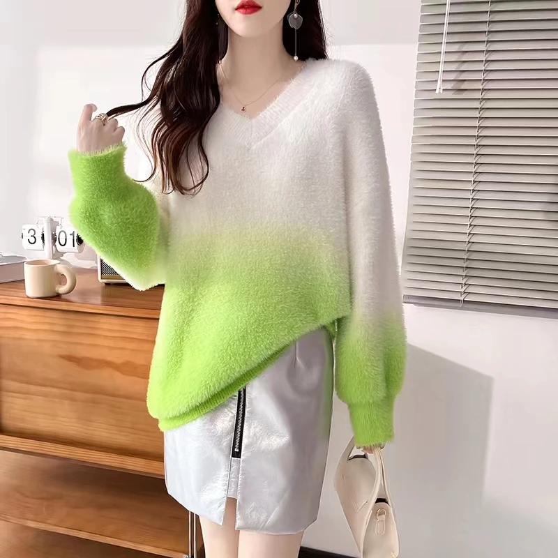 Color-Changing Mink Velvet V-Neck Sweater Women Jacket 2023 Autumn Winter Pullover Sweater Female Fashion Loose Outer Wear Top