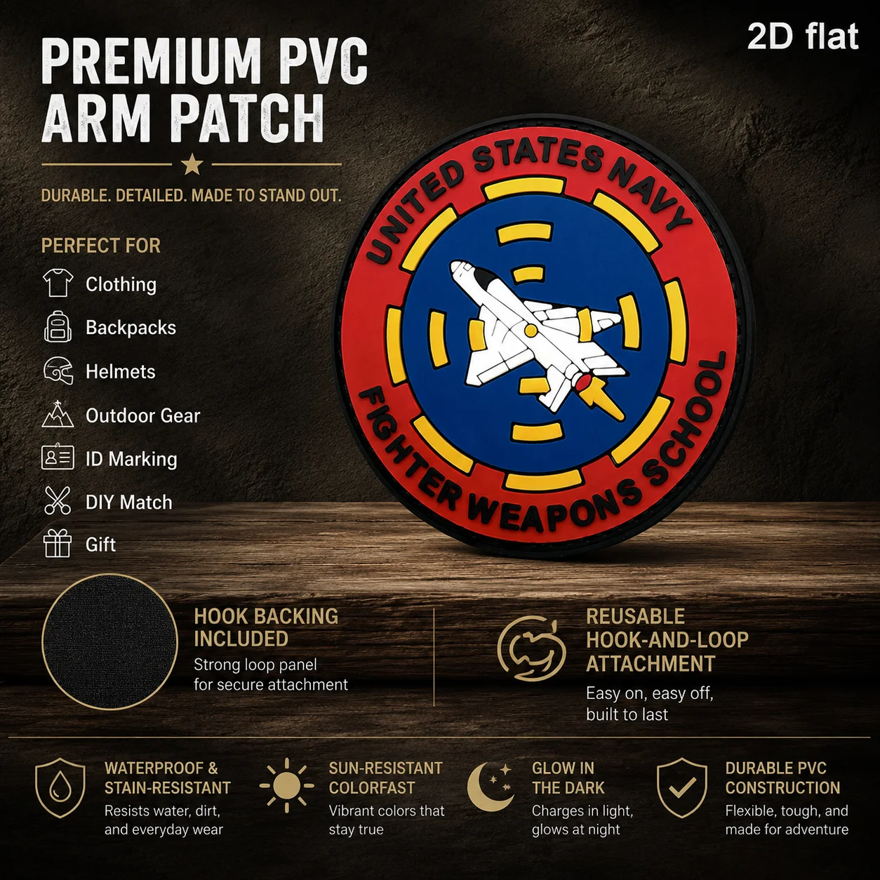 United States Navy Fighter Weapons School Circular Aircraft Emblem Badge with Luminous Effect, 2D Flat Pvc Material, Magic Tape Patch, Free Backing Material, Optional Specifications, 1Pc/2Pcs/3Pcs, Layered 3D Embossed Edge, Not Easy to Come Off, Functional Jacket Vest Personalized Decoration Accessory
