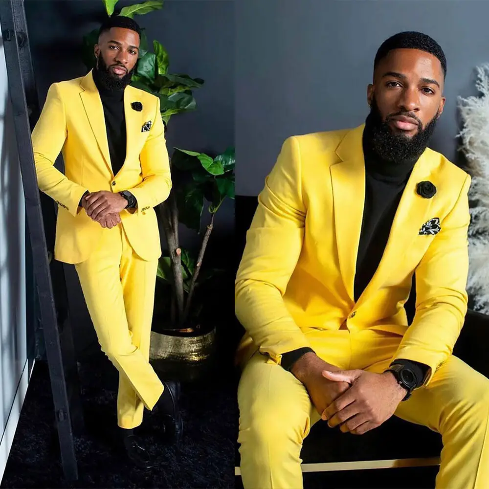 

Men's Yellow Suits Slim Fit Single Breasted Business Formal Party Groom Wear Wedding Suits For Men Costume Homme 2 Pieces