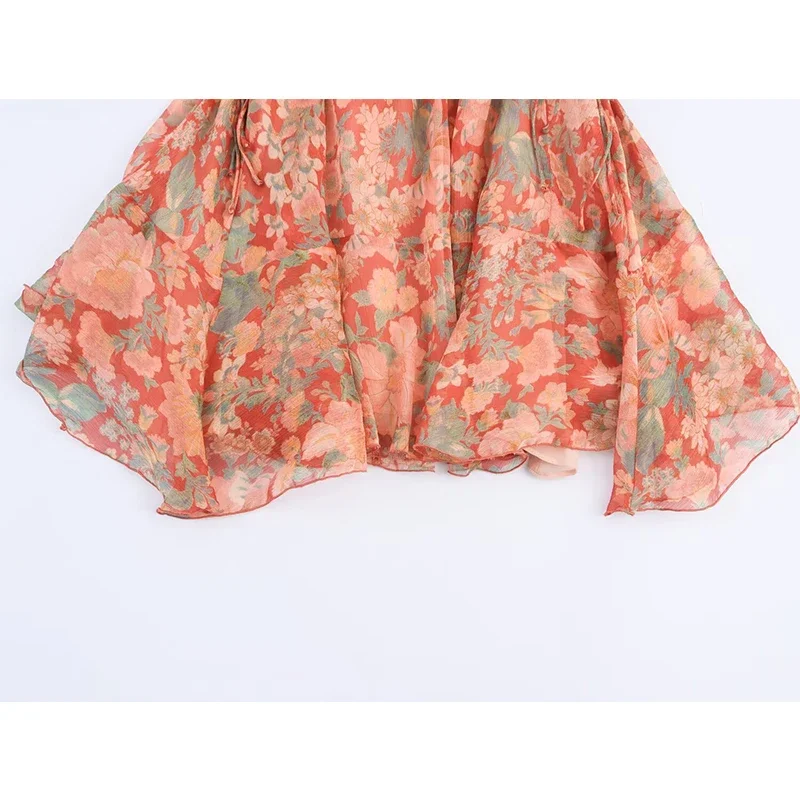 Nuove donne vintage manica a sbuffo scollo a V stampa floreale abito corto pizzo vita a-line autunno abiti casual abiti in chiffon