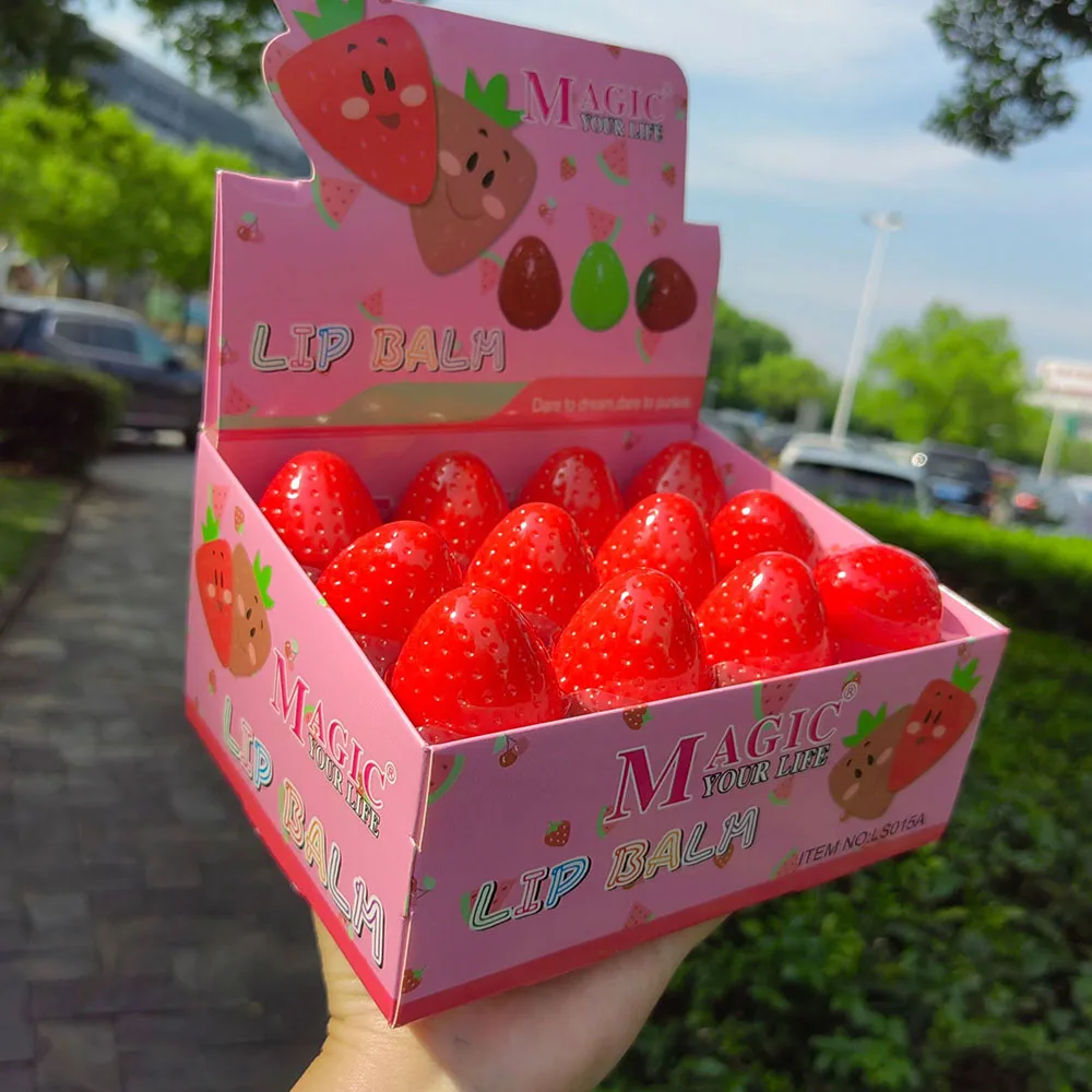 女性のためのイチゴの保湿リップバラ,準備のためのエッセンシャルオイル,自然な処方,乾燥,リップメイク,24個