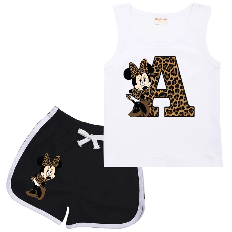 

Children Sports Sets Minnie Leopard Letter ABCD Disney Suit Vest & Shorts Casual Clothes Sleeveless for Girl Boy 2Pcs Kids Wear