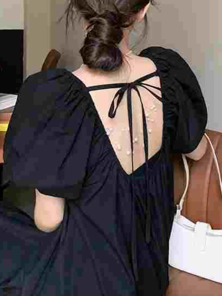 Backless Dresses Women Lace-up Loose Sweet Summer Puff Sleeve Korean Style Ins Personality College Fashion Ulzzang Solid Classic