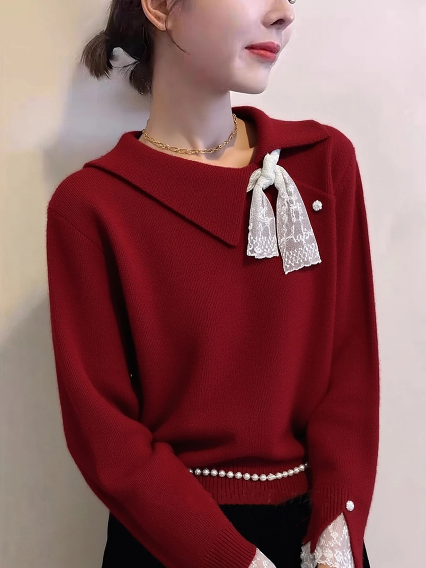 

Cisas Red Lace Splice Long Sve Knitted Sweater Simple Sle Commute ential Korean Version Loose Fit Camere Sweater
