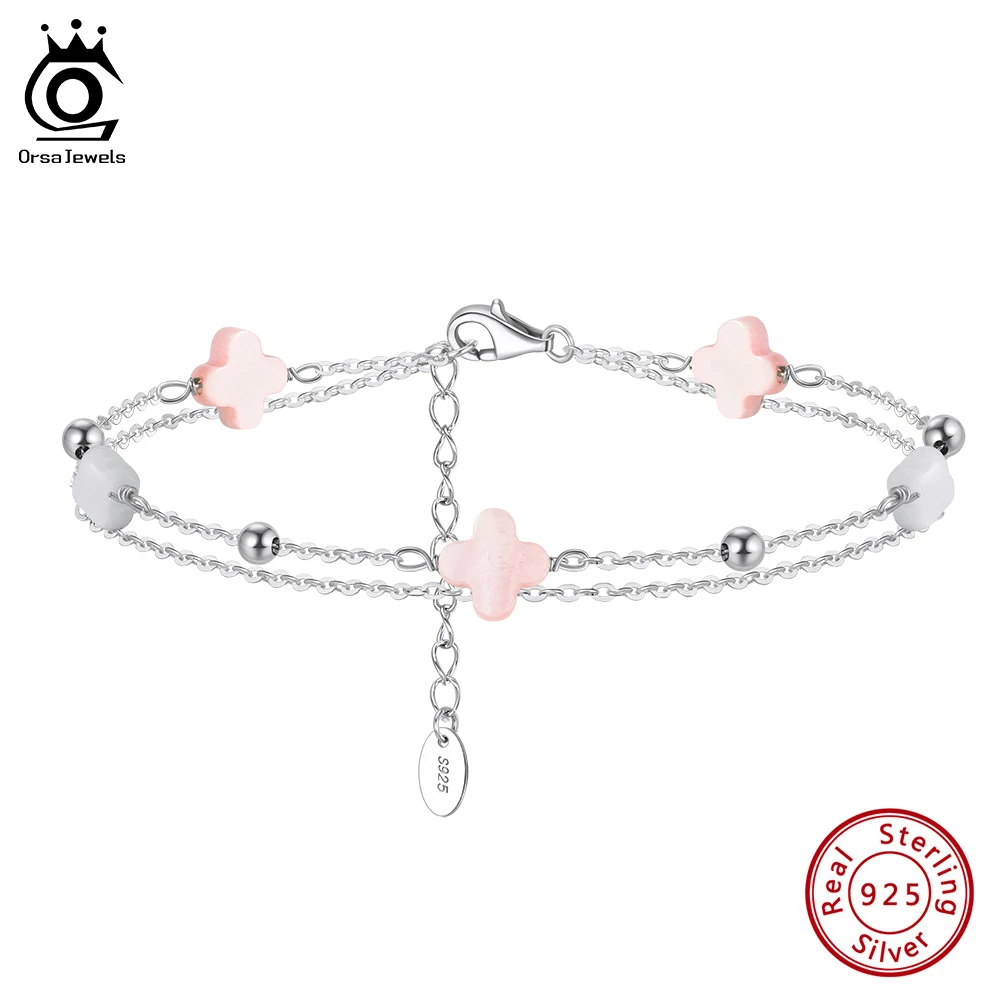 

ORSA JEWELS 925 Sterling Silver Four-Leaf Clover Shell Bracelet for Women Lucky Natural Shell Hand Chain Dainty Jewelry GMB66