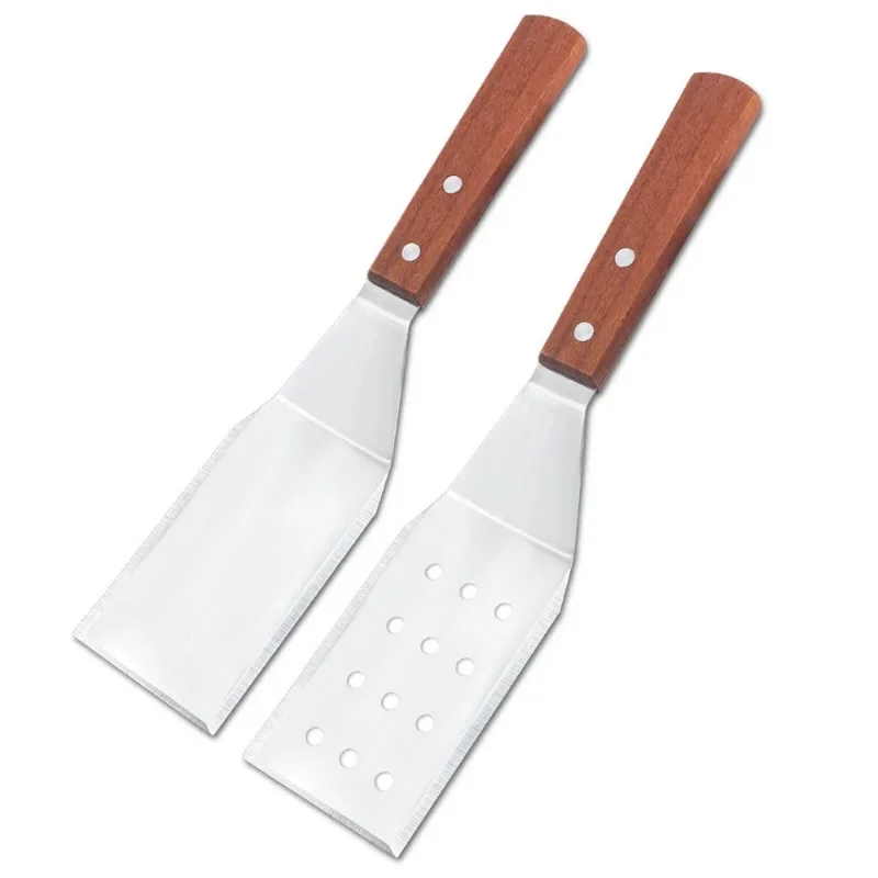 Stainless Steel Square Head Steak Cooking Spatula Wood Handle Pizza Shovel Pancake Beef Turner Scraper BBQ Utensils For Kitchen