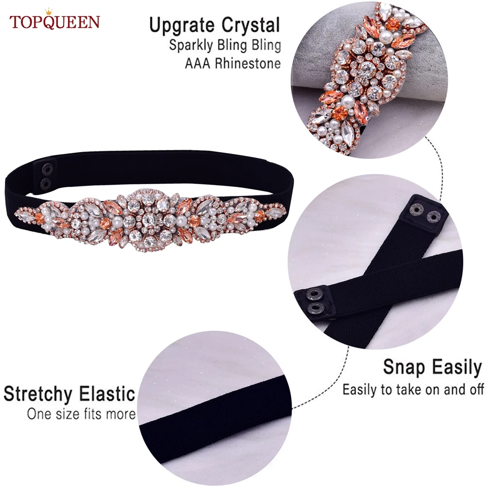 TOPQUEEN S426-B Women Dress Elastic Belt Female Overcoat Accessories Luxury Diamond Rose Gold Rhinestones Elegant Fashion