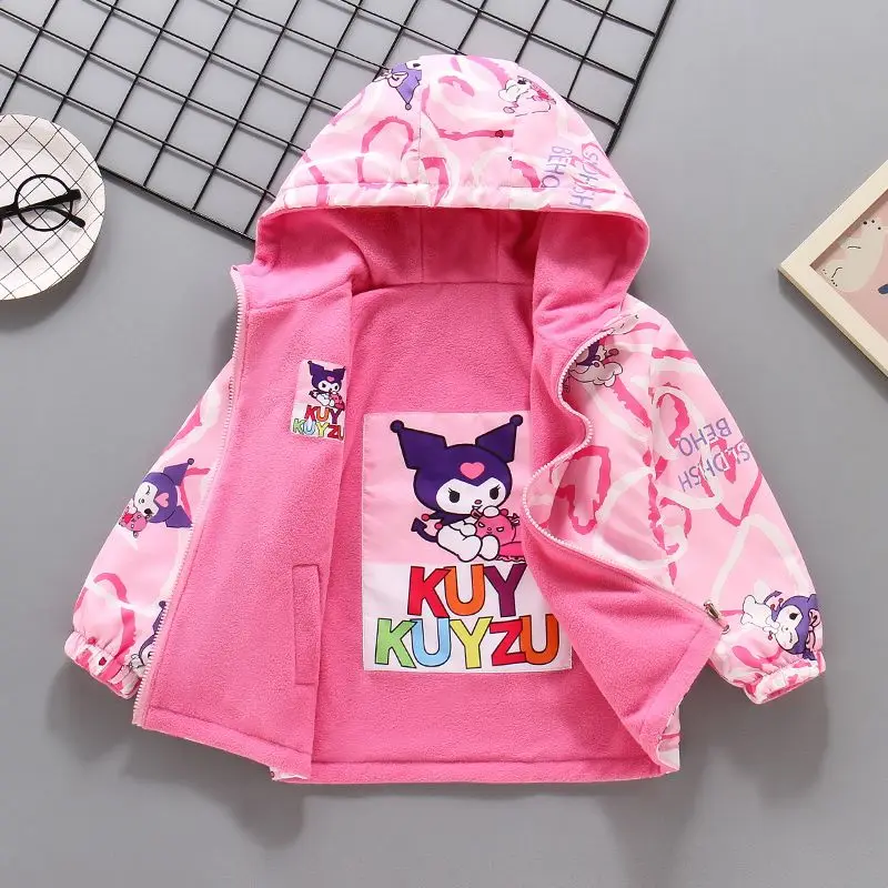 Reversible Kuromi Sanrio Kids Spring Jackets Anime Thicken Warm Coat Long Sleeve Hoodie Cute Cardigan Outdoor Jackets Girl Gift