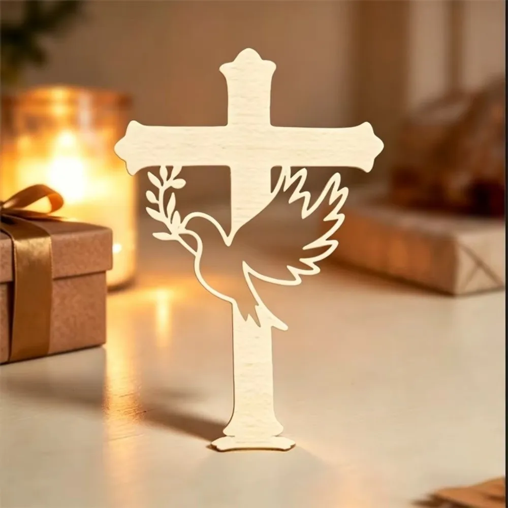 10Pcs Decorative Cross Wooden Peace Dove Cross Wood Hollow Dove Dove Cross Cutout Ornament with Base Craft Style