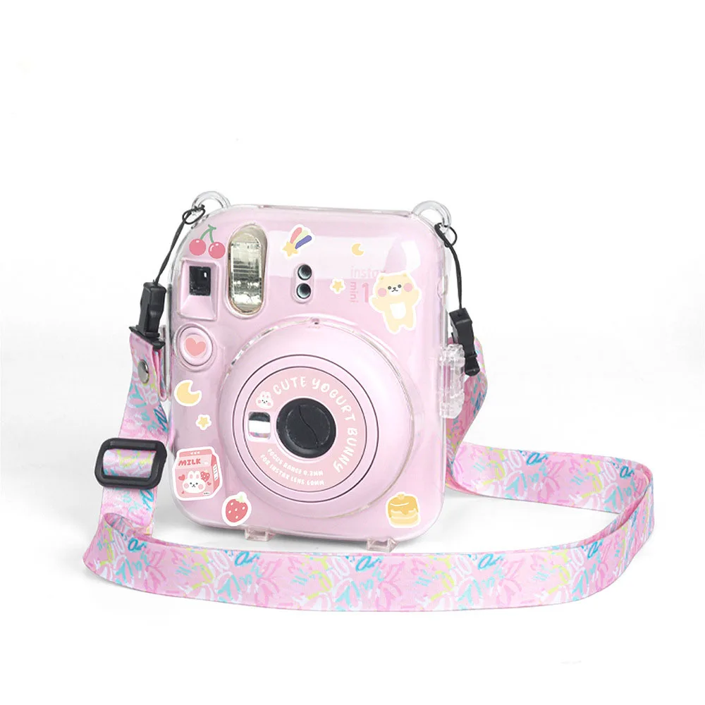 حقيبة كاميرا لـ Instax Mini 12 حافظة شفافة غطاء للحماية حزام الكتف حقيبة التخزين حزام حماية ملصق مجموعة من 3 قطع