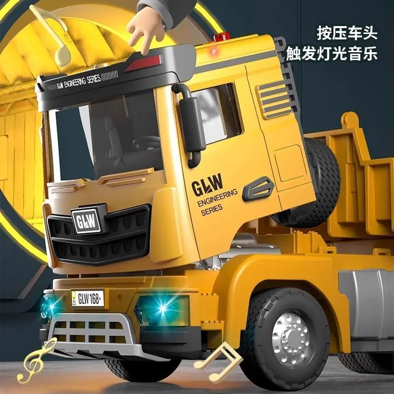 Zabawka dla chłopców: model koparki, pojazd budowlany z dźwiękiem i światłem, napędem pull-back, duża platforma transportowa, przyczepa dla dzieci, wykonany ze stopu.