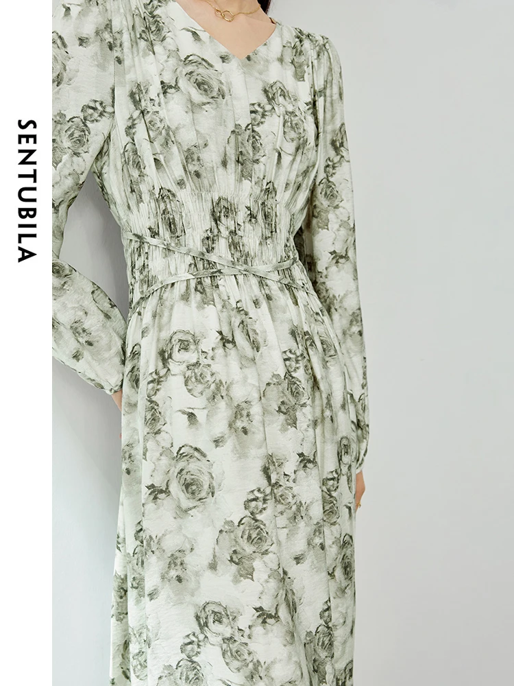 SENTUBILA-Vestido largo con estampado Floral para mujer, traje elegante con cuello en V, atado, para vacaciones, primavera y otoño, 141L53284, 2024