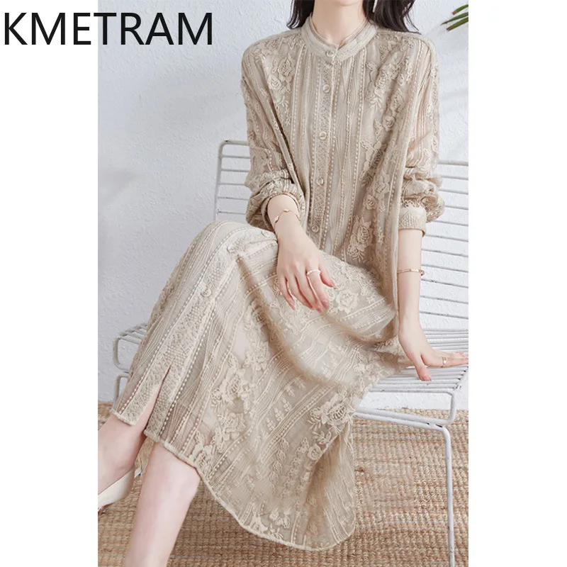 KMETRAM Mulberry Silk Embroidery Dress for Women 2024 New Chinese Style Womens Clothing Summer Mid-length Dresses Robe Femme Été