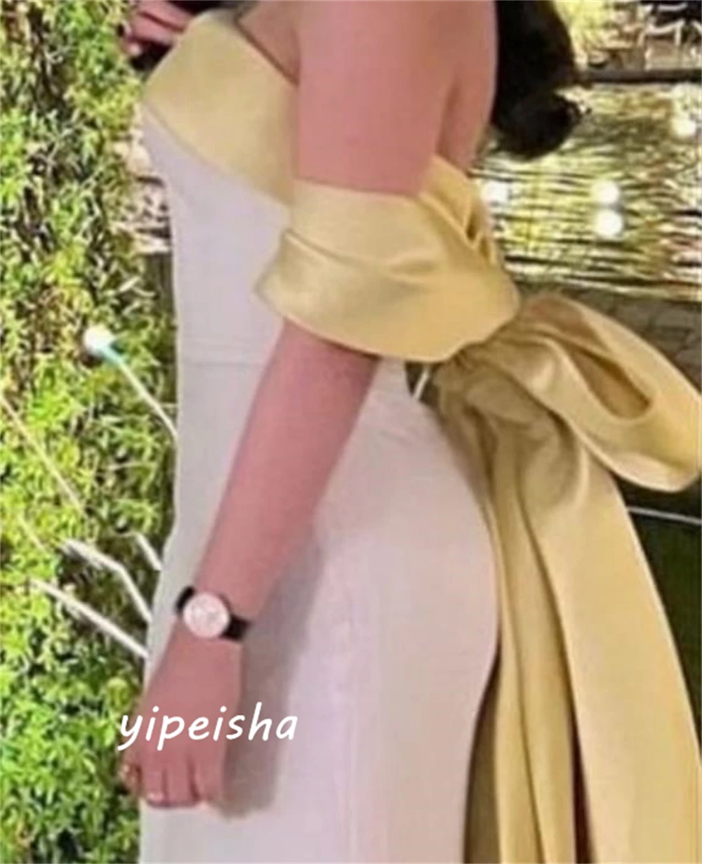 Customized Simple Prom  Casual  Off-the-shoulder Mermaid Celebrity Dress Anke length Bows Hugging Skirts Charmeuse Evening