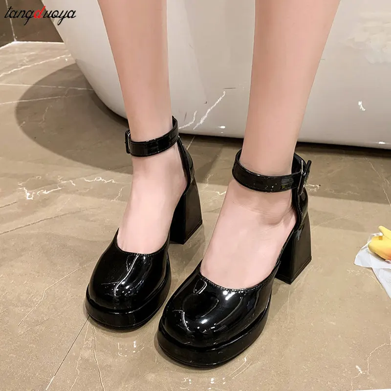 Women\'s High Heeled Mary Janes Shoes 2024 new Vintage Platform Black Sandals Woman Solid Elegant Office Party Pumps Summer