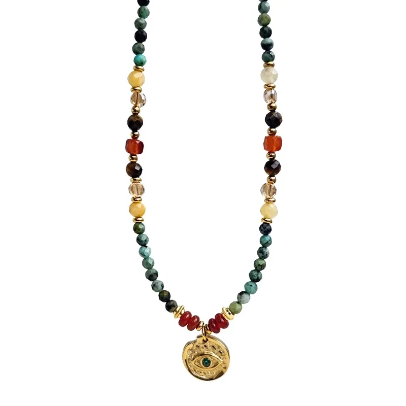 

New Chinese fashion color beaded necklace light luxury high sense stacked collarbone chain pendant