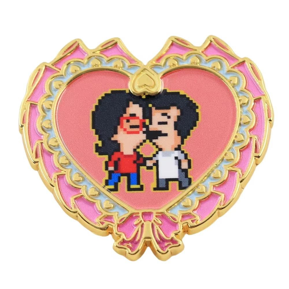 Broche esmaltado de personaje animado Linda y Bob, Pin de solapa de hamburguesas de Bob, pajarita, insignia de corazón, accesorio de regalo para seguidor