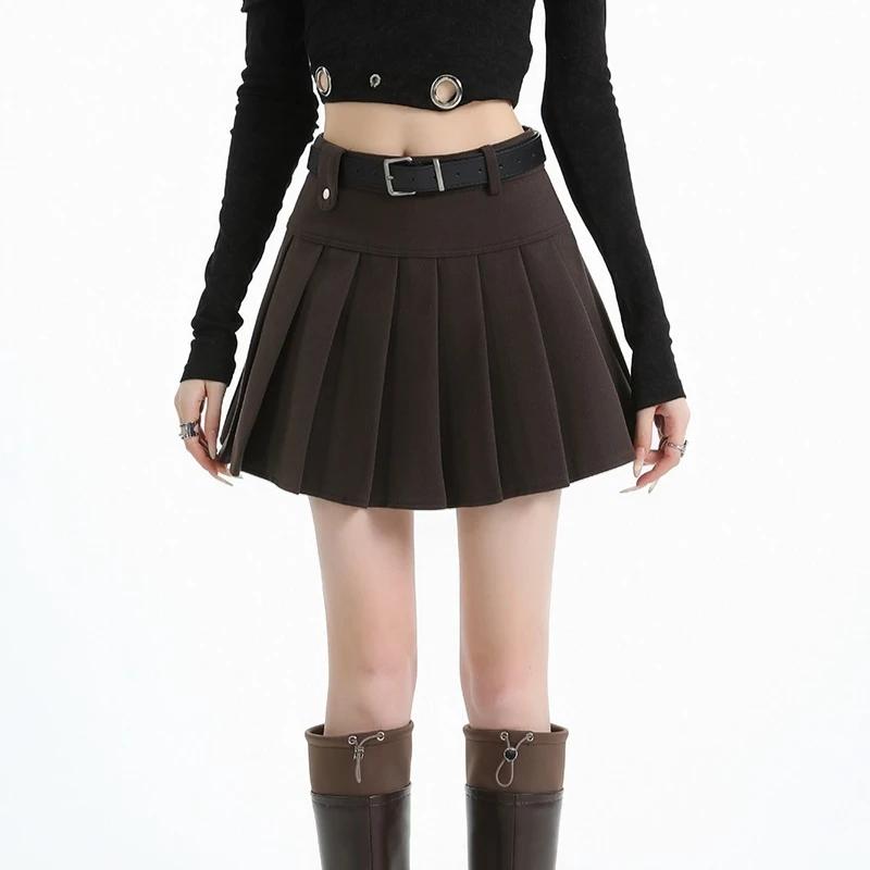Seoulish Autumn Winter High Waist Woolen Women's Pleated Skater Mini Skirts 2025 Vintage Korean A-line Sexy Mini Skirts Female