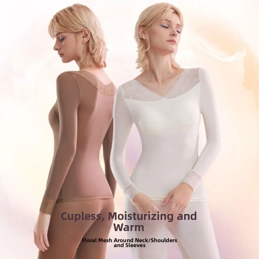 Tops and Pants Women Thermal Clothes Ultra-thin Invisible Feel Heating Thermal Underwear Lingerie Lace V Neck Warmth Long Pants